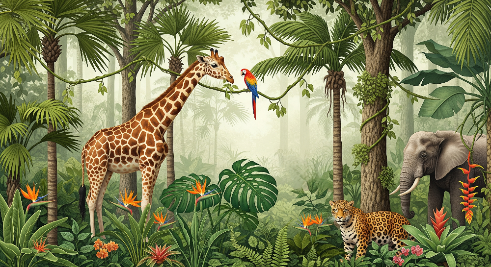 Giraffe, Leopard and Parrot Jungle Safari Wall Mural