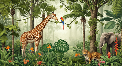 Kids-Mundo jungle safari wall mural flat artwork showing giraffe, leopard, parrot and elephant
