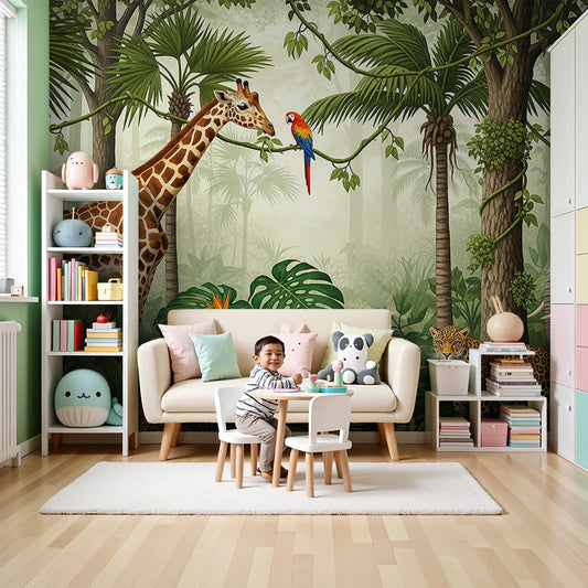 Kids-Mundo jungle safari wall mural with giraffe, leopard and parrot shown in a nursery room
