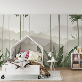 Tropical jungle wallpaper creating peaceful children's bedroom with natural wood furniture