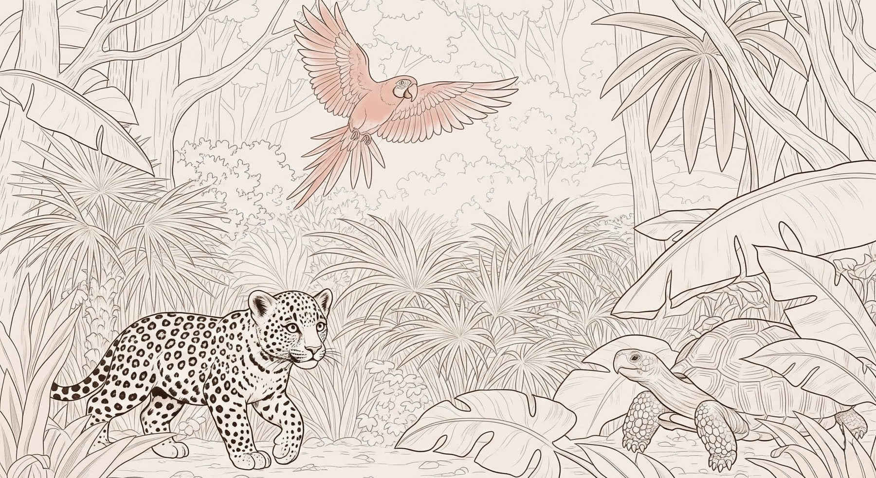Detailed jungle safari mural wallpaper design pattern with leopard parrot turtle by Kids-Mundo