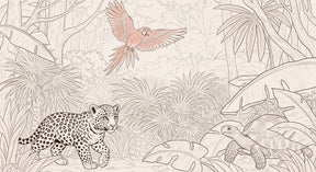 Detailed jungle safari mural wallpaper design pattern with leopard parrot turtle by Kids-Mundo
