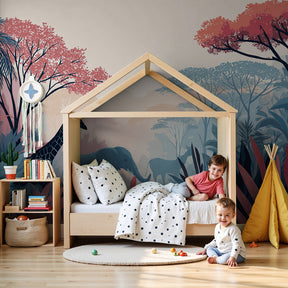 Jungle safari mural wallpaper with elephants and giraffes in modern nursery by Kids-Mundo