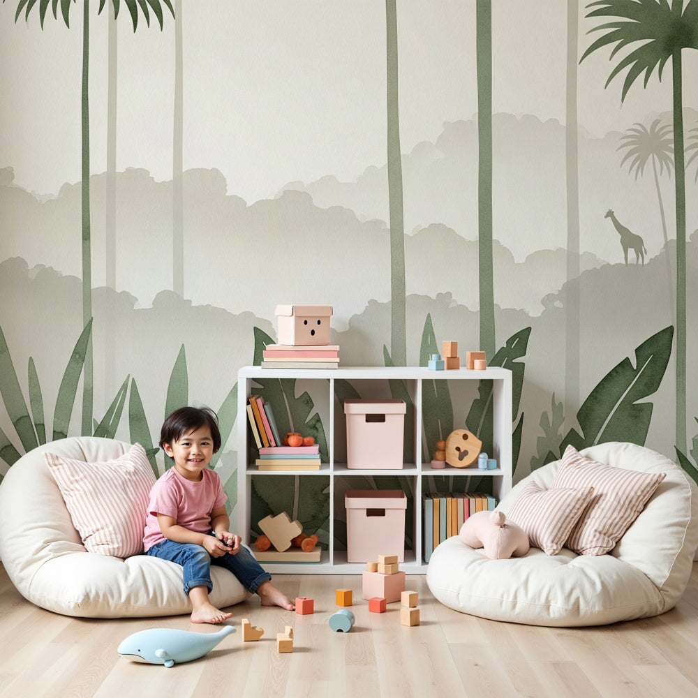 Mystical jungle safari mural wallpaper with giraffe in modern nursery by Kids-Mundo