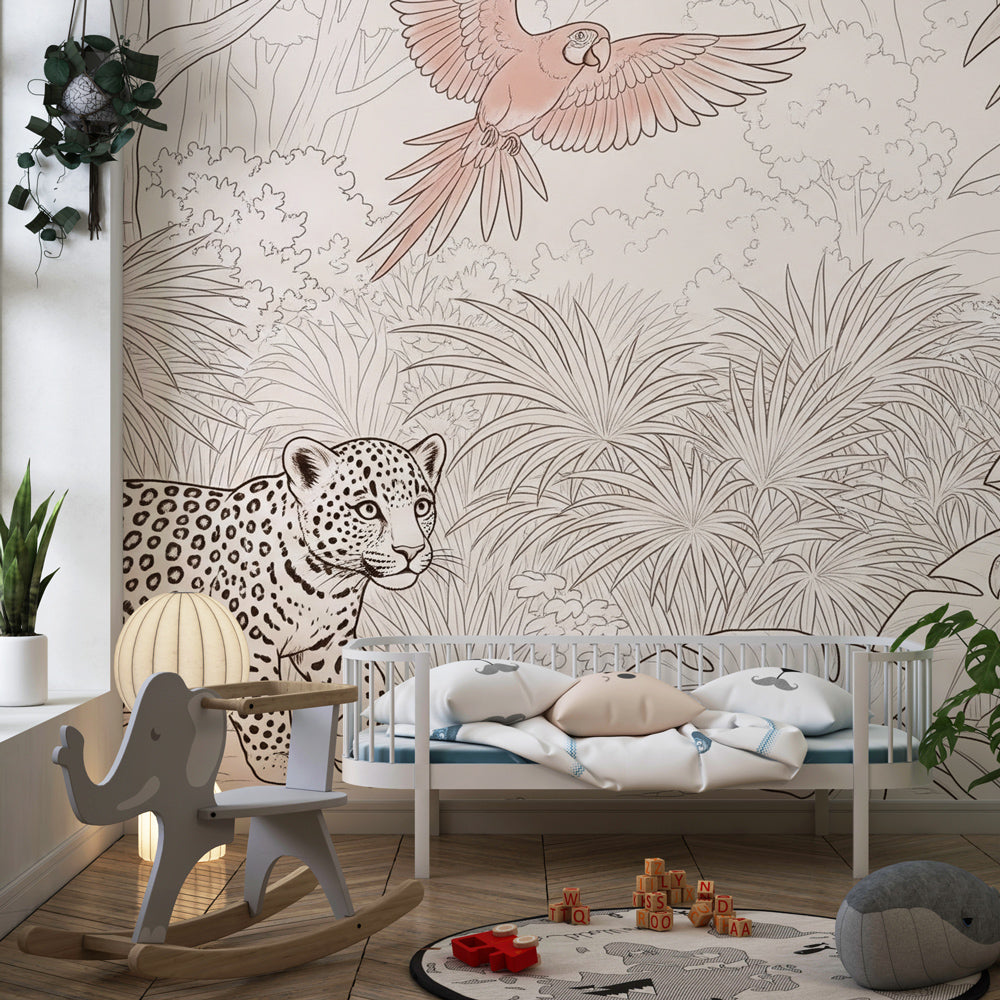 Tropical jungle mural wallpaper with colorful parrot and wildlife in kids playroom