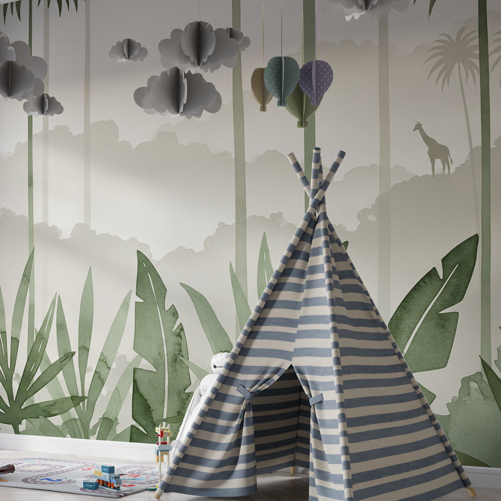 African safari themed mural wallpaper transforming kids playroom into adventure space