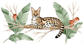 Detailed jungle serval mural wallpaper design pattern showing tropical leaves and wild cat by Kids-Mundo