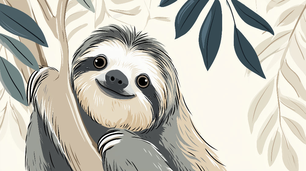 Detailed jungle sloth mural wallpaper design pattern with smiling character by Kids-Mundo