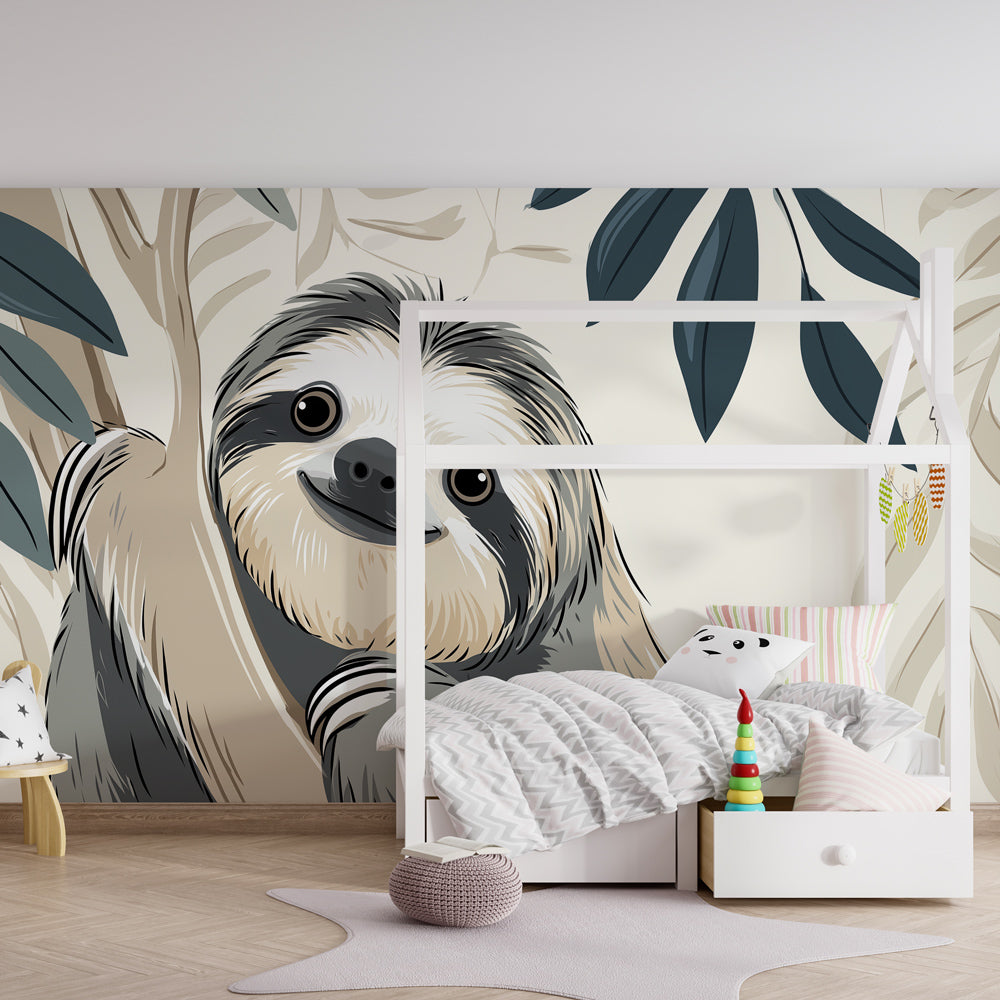 Baby nursery featuring gentle jungle sloth mural wallpaper with soft green foliage