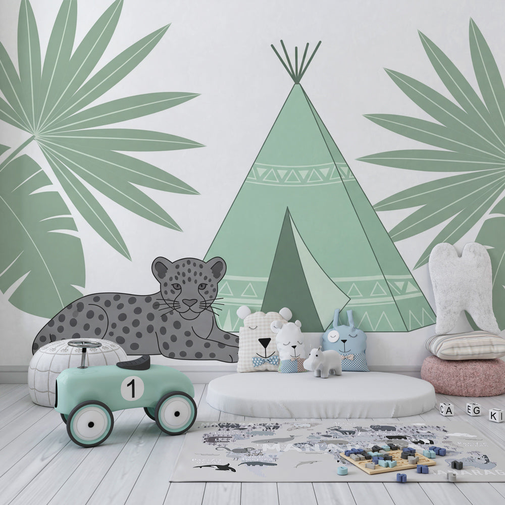 Safari adventure wallpaper featuring tent and leopard in children's bedroom decor