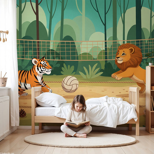 Kids-Mundo jungle tiger and lion volleyball wall mural shown in a nursery setting