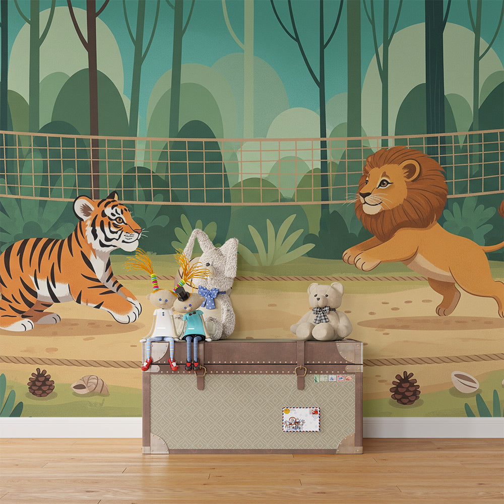 Kids-Mundo jungle tiger and lion volleyball wall mural covering a full playroom wall