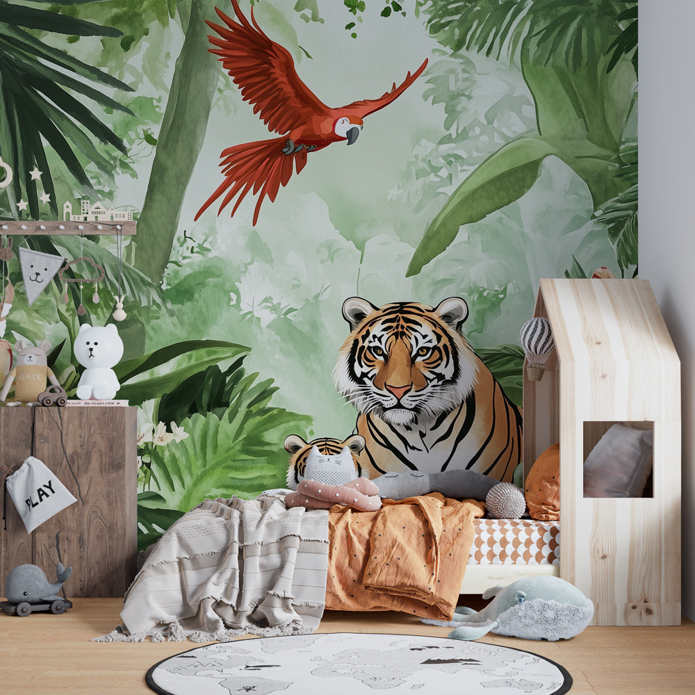Kids-Mundo jungle tiger and macaw wall mural as a feature wall in a kids' bedroom