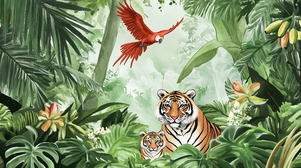 Jungle Tigers and Scarlet Macaw Wall Mural