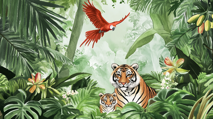 Kids-Mundo jungle design with tiger family and scarlet macaw among lush green leaves
