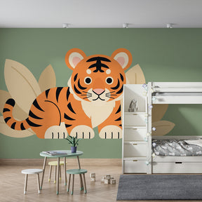 Orange tiger safari wallpaper creating adventurous kids bedroom decor with tropical theme