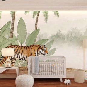 Majestic tiger wallpaper transforming children's bedroom into tropical jungle sanctuary