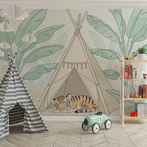 Tropical tiger wallpaper creating safari themed kids bedroom with natural wood furniture