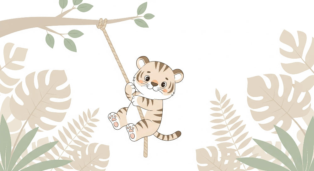 Detailed jungle tiger mural wallpaper design pattern showing playful cub and tropical leaves