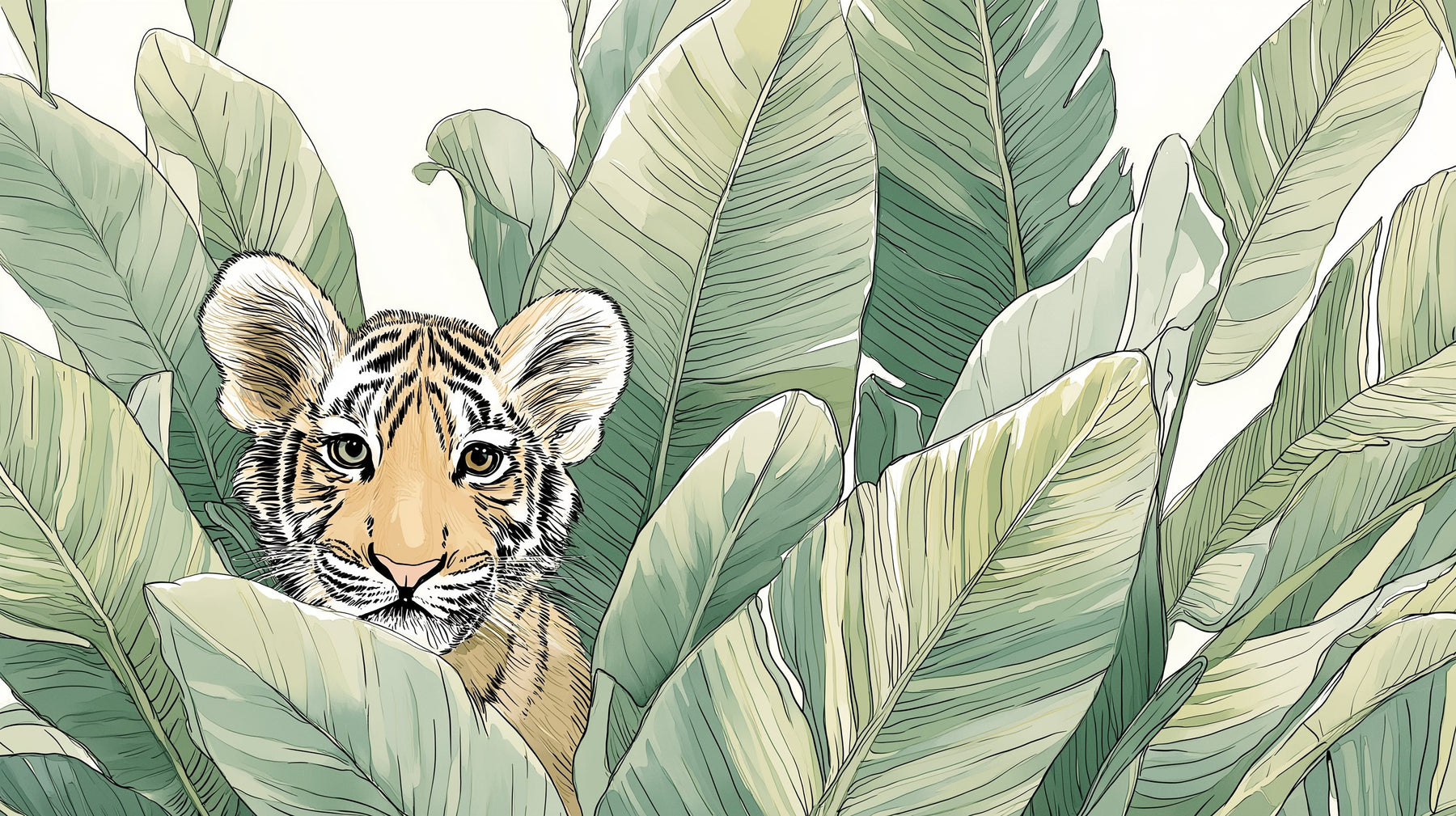 Detailed jungle tiger mural wallpaper design pattern with tropical foliage by Kids-Mundo