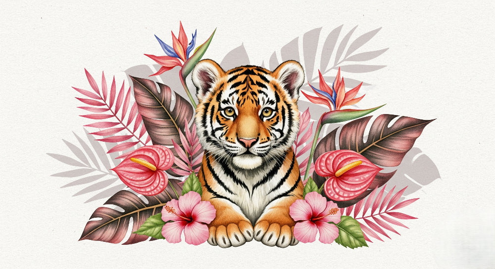Detailed jungle tiger mural wallpaper design pattern with tropical flowers by Kids-Mundo