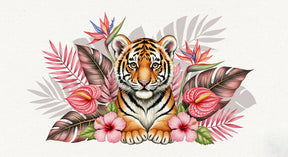 Detailed jungle tiger mural wallpaper design pattern with tropical flowers by Kids-Mundo