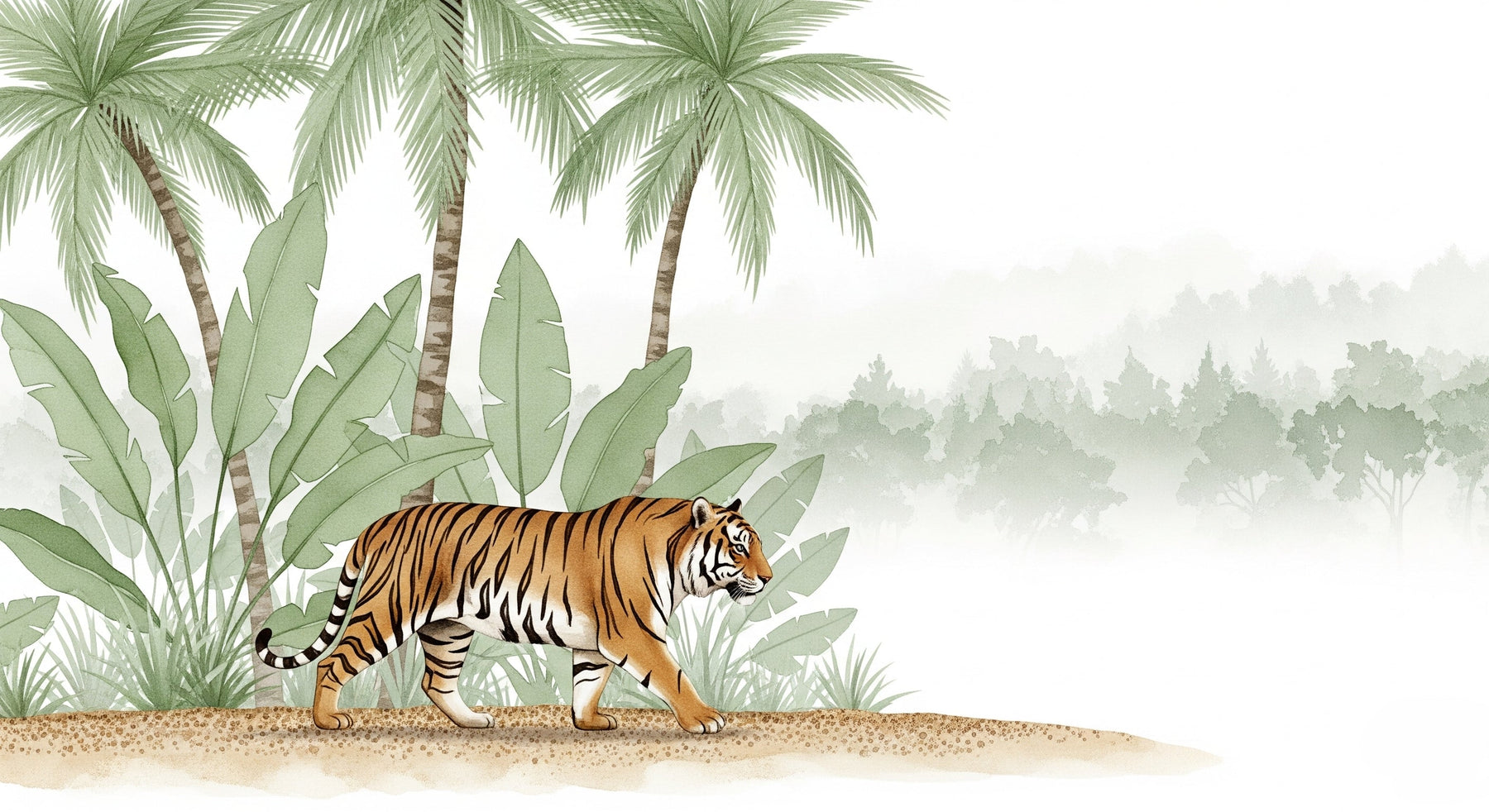 Detailed jungle tiger mural wallpaper design pattern with tropical plants by Kids-Mundo