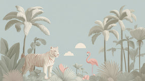 Detailed jungle tiger and pink flamingo mural wallpaper design pattern by Kids-Mundo