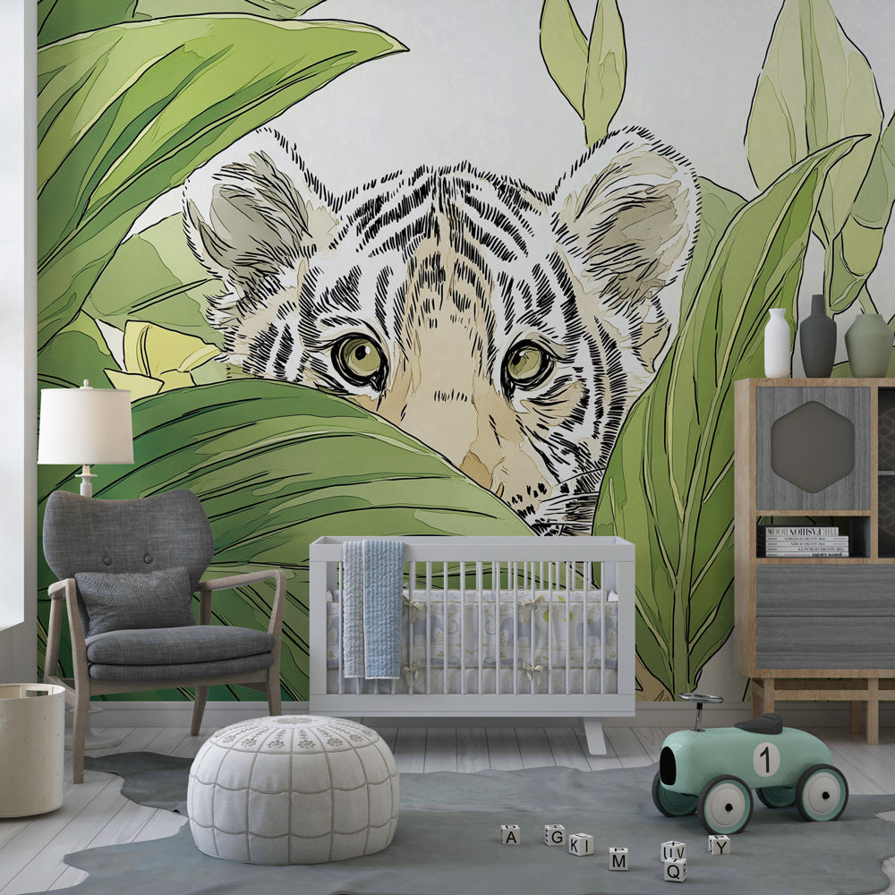 Hidden tiger wallpaper creating adventure-themed children's bedroom with green foliage design