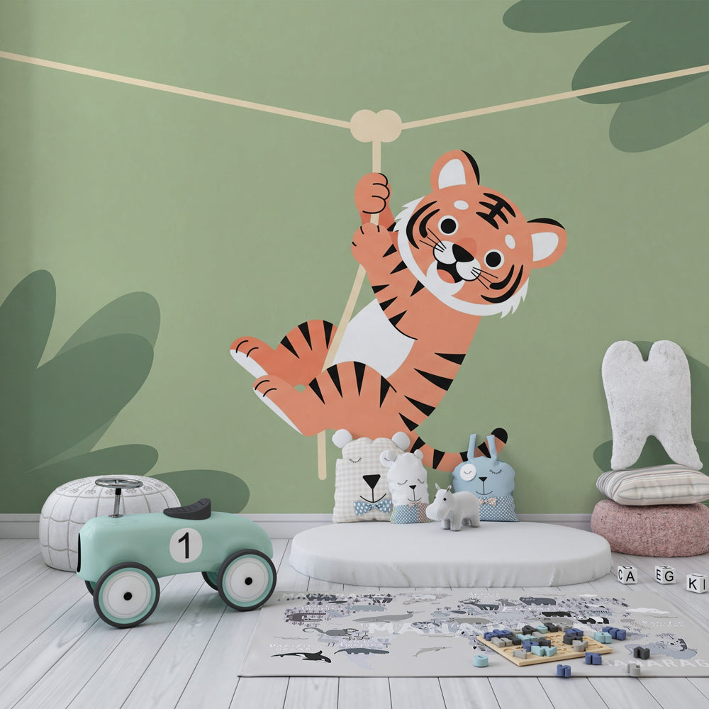 Safari tiger wallpaper transforming children's bedroom into tropical jungle adventure space