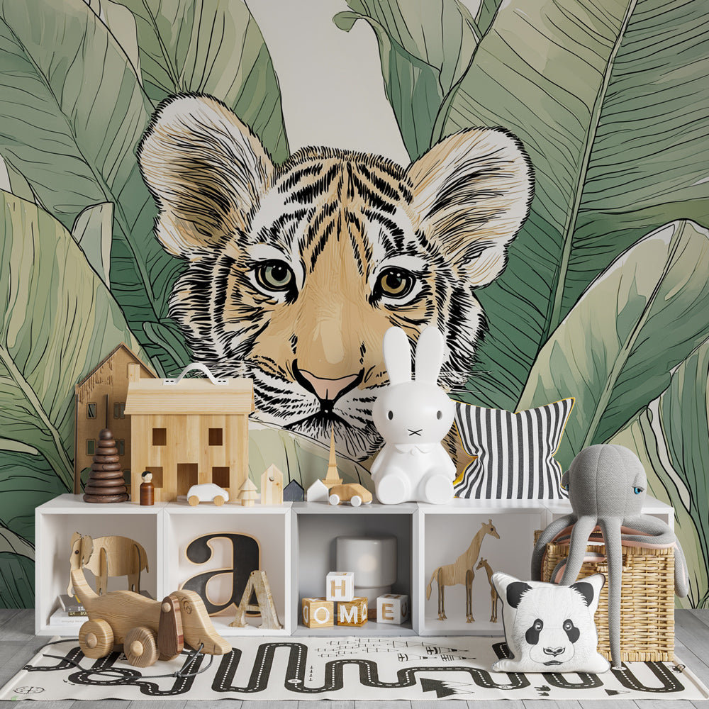 Safari tiger wallpaper creating adventurous atmosphere in children's bedroom decor