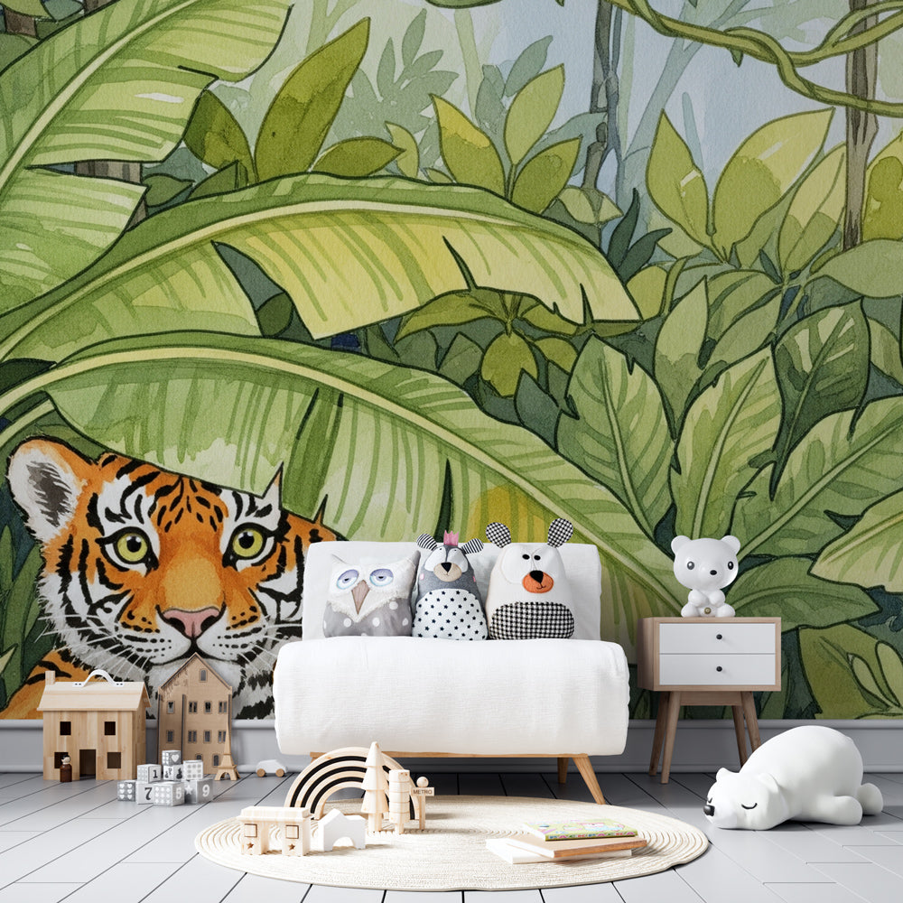 Tropical tiger wallpaper with green foliage transforming nursery into jungle paradise by Kids-Mundo
