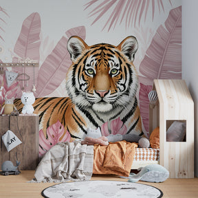 Majestic tiger wallpaper creating tropical nursery decor with pink and green tropical leaves