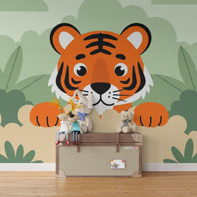 Playful tiger wallpaper creating safari adventure atmosphere in children's nursery decor