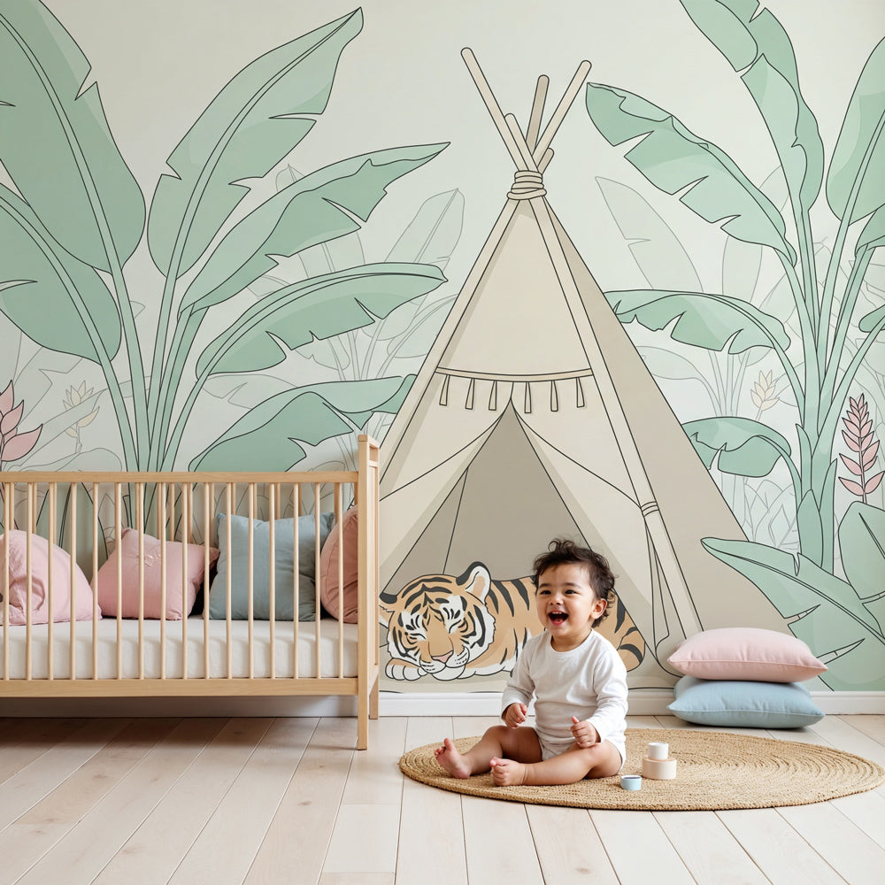 Jungle tiger mural wallpaper with sleeping tiger and teepee in modern nursery by Kids-Mundo