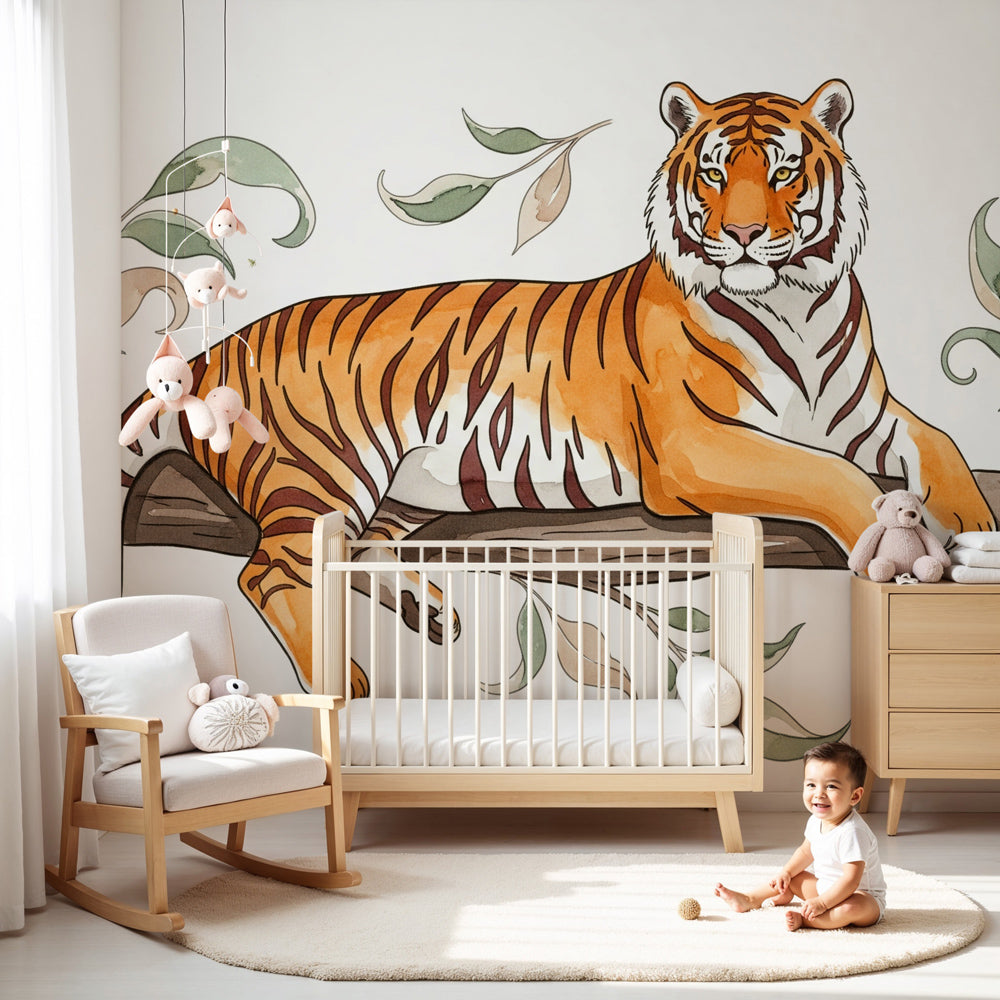 Jungle tiger mural wallpaper in modern nursery with natural wood furniture by Kids-Mundo