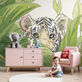 Jungle tiger mural wallpaper in modern nursery with tropical safari theme by Kids-Mundo