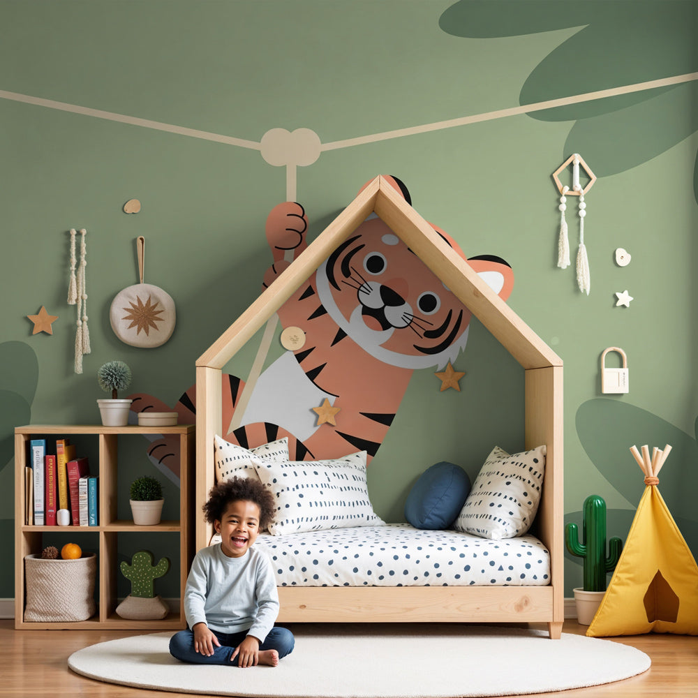 Jungle tiger mural wallpaper creating safari-themed nursery decor with playful tiger design by Kids-Mundo