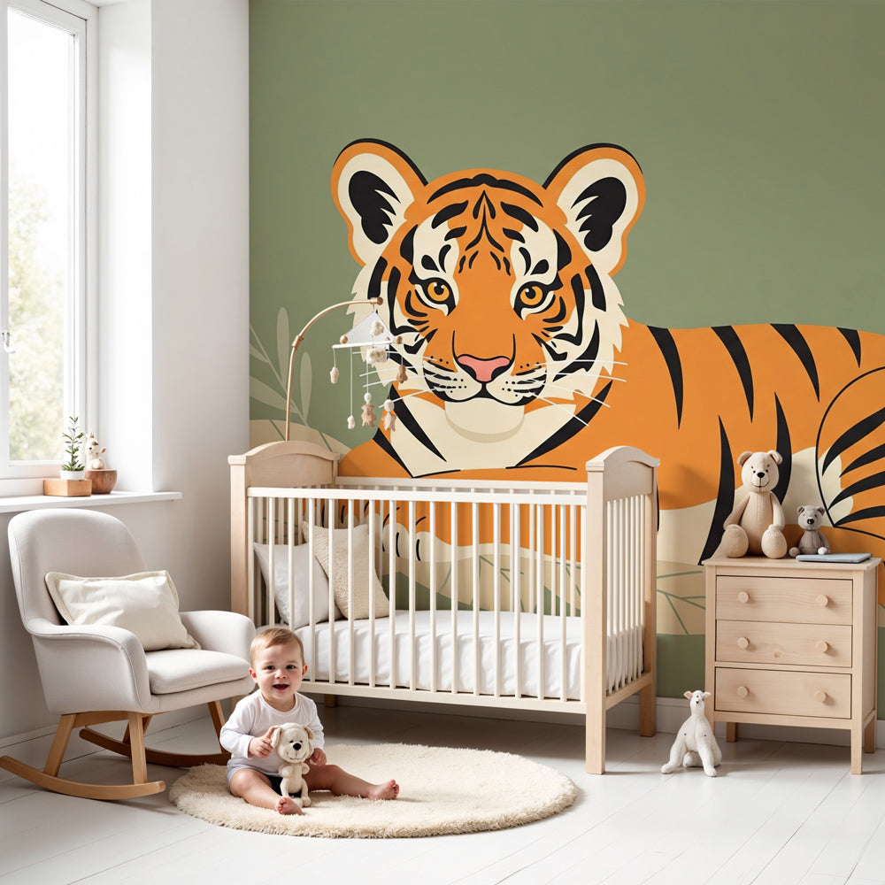 Jungle tiger mural wallpaper in modern nursery with natural wood crib by Kids-Mundo