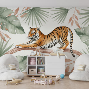 Tropical tiger mural wallpaper transforming kids playroom into jungle adventure