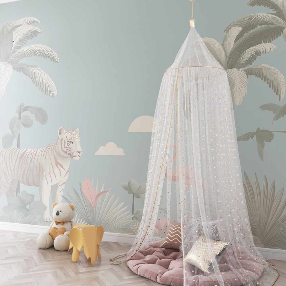 Tropical jungle wallpaper with palm trees and animals for kids playroom decoration