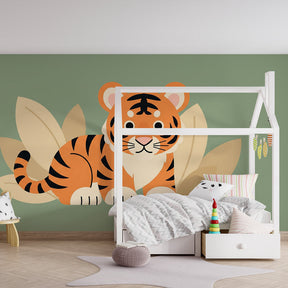 Playful tiger wallpaper transforming children's playroom into jungle adventure space