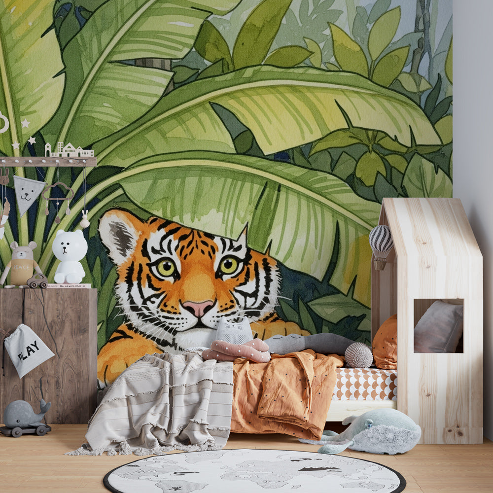 Safari animal mural wallpaper featuring playful tiger in lush jungle setting for kids room decor