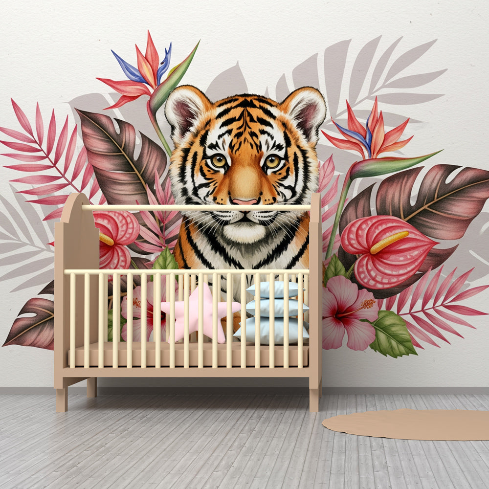 Tropical tiger mural wallpaper transforming children's playroom into jungle sanctuary