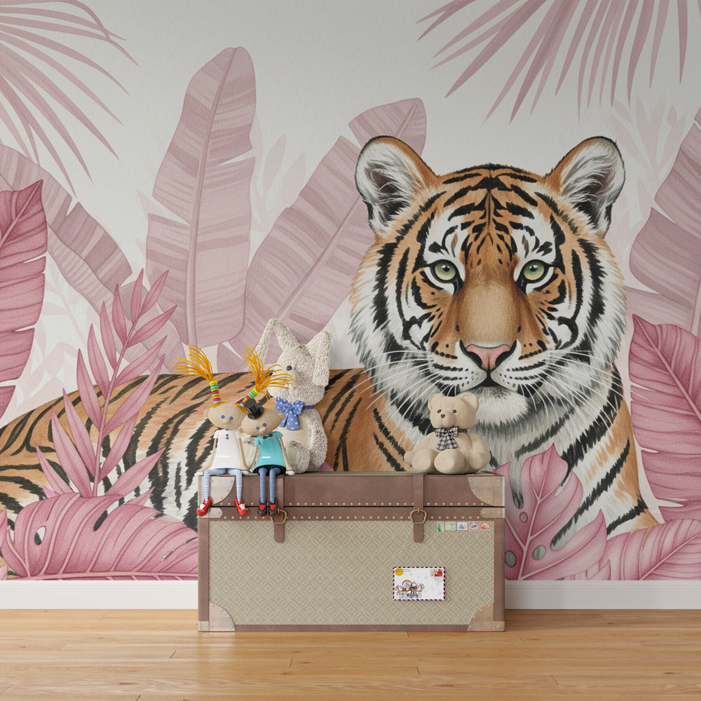 Wildlife tiger mural wallpaper transforming children's playroom into jungle adventure space