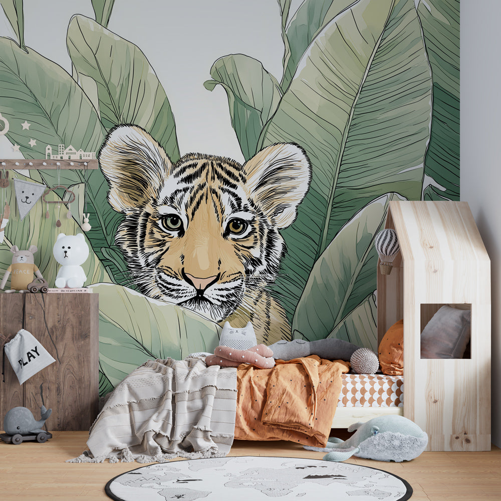 Tropical jungle tiger mural wallpaper inspiring imaginative play in kids room