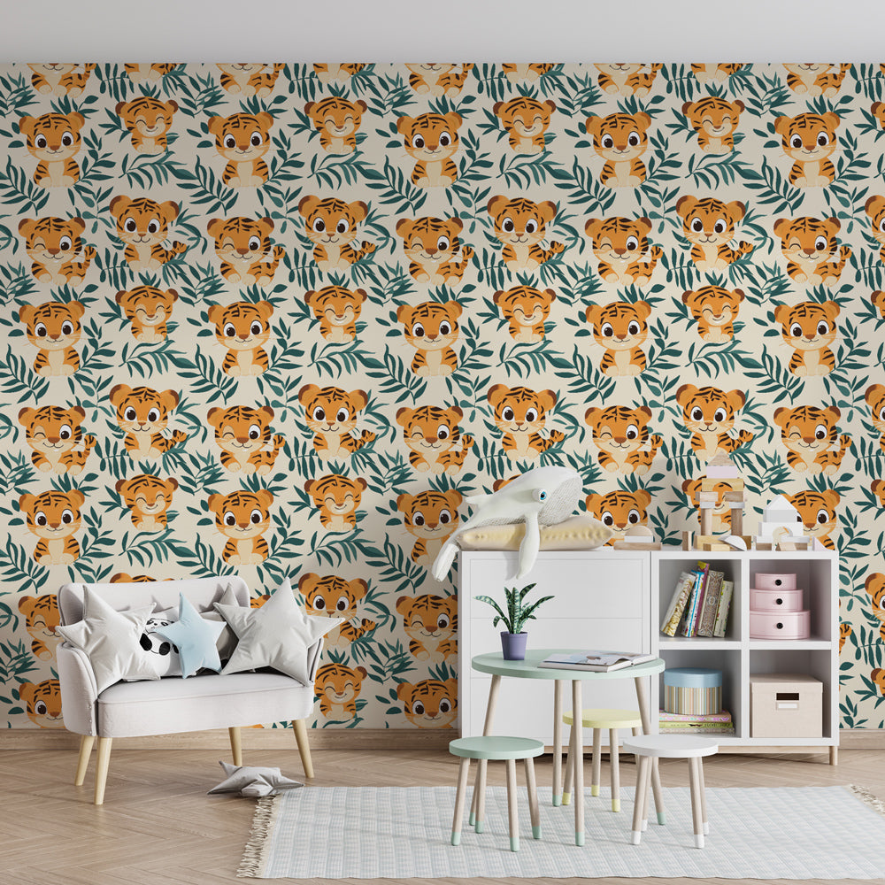 Cheerful tiger wallpaper with tropical foliage decorating children's bedroom wall