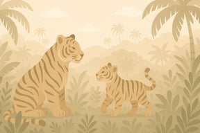 Detailed jungle tigers mural wallpaper design pattern showing mother and cub with palm fronds by Kids-Mundo