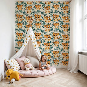 Tropical tiger mural wallpaper creating jungle adventure theme in modern kids nursery by Kids-Mundo