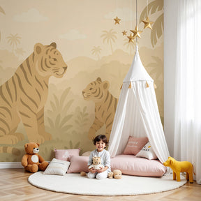 Jungle tigers mural wallpaper creating serene safari nursery decor with mother and cub design by Kids-Mundo